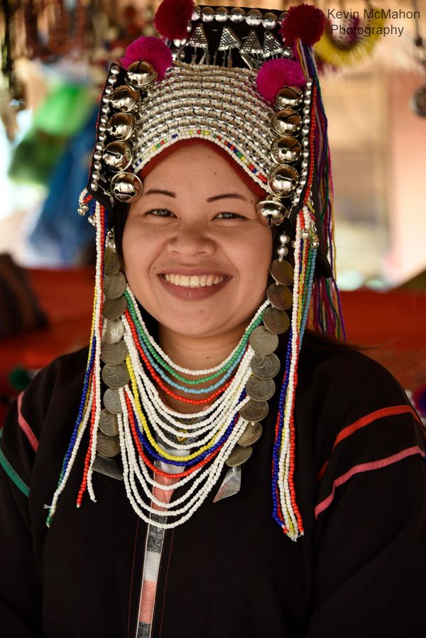 Thailand, Golden Triangle, Karen Village, girl with bells and headdress