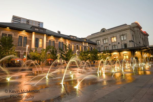 Denver, Union Station, blur motion, fountain, sunset