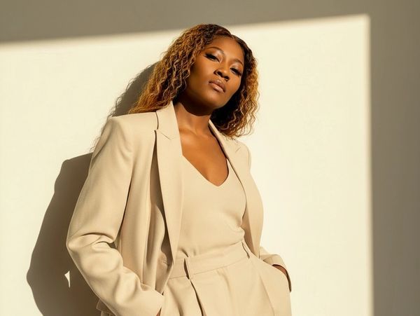 Confident woman in beige suit poses against sunlit wall.