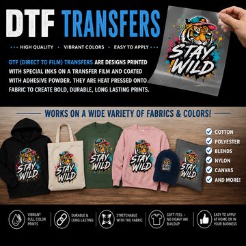 DTF transfers provide vibrant, durable designs for various fabrics.