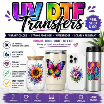 Colorful UV DTF Transfers with strong adhesion and waterproof features.