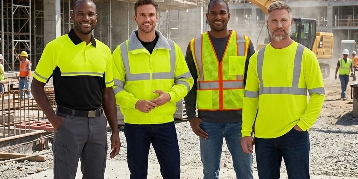 Four men wearing high-visibility safety gear at a construction site.
