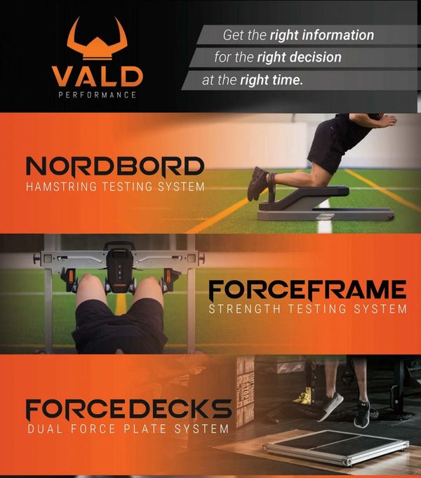 Vald Performance showcases three testing systems: Nordbord, ForceFrame, and ForceDecks for strength and force assessments.