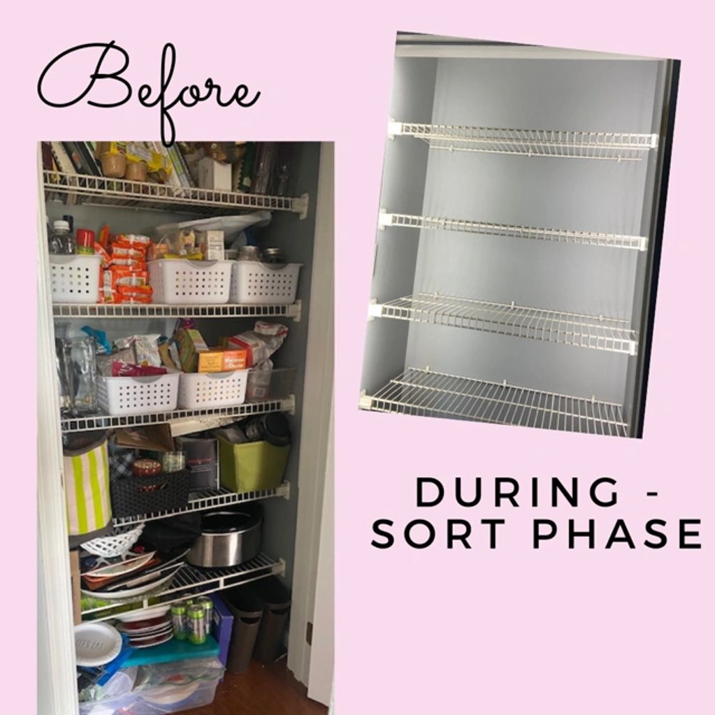 Before and during a pantry declutter and organizing project