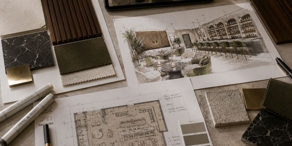 Interior design sketches with material samples and plans.