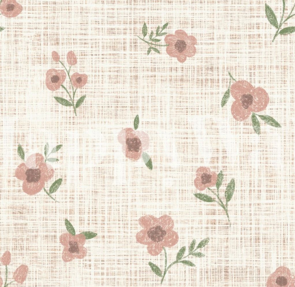 Textured floral pattern with pink flowers and green leaves.