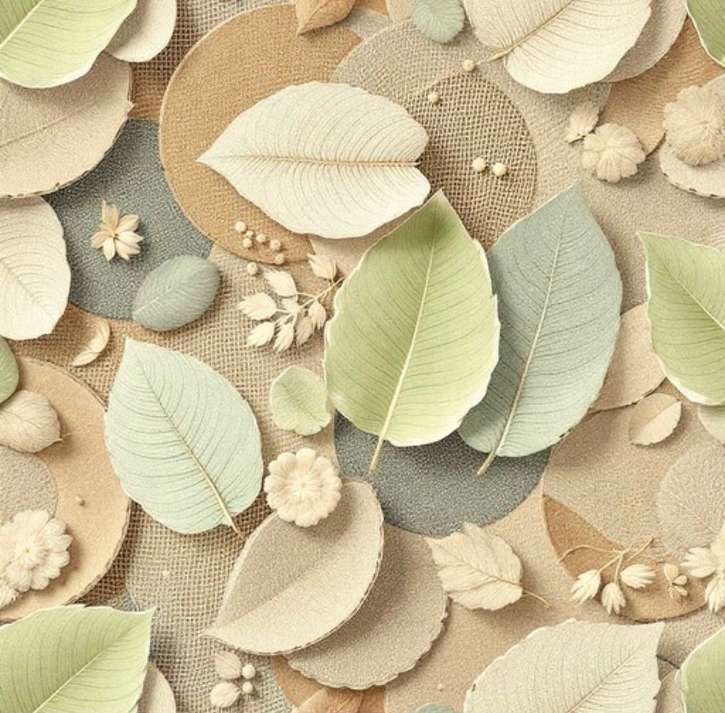 Artistic arrangement of pastel and beige leaves and flowers.