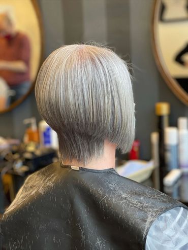 Precision silver bob haircut styled at Santoro Hair Salon in Brighton.