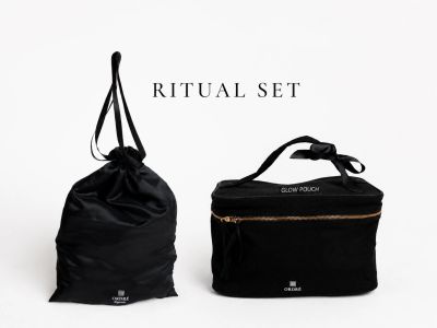 Black fabric ritual set with a drawstring bag and a zippered pouch.