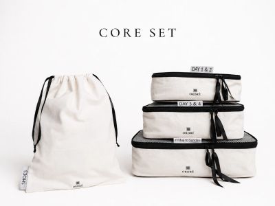 Organized core set packing cubes and shoe bag for travel.