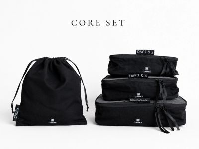 Black packing cubes set with a drawstring bag, labeled for travel days.