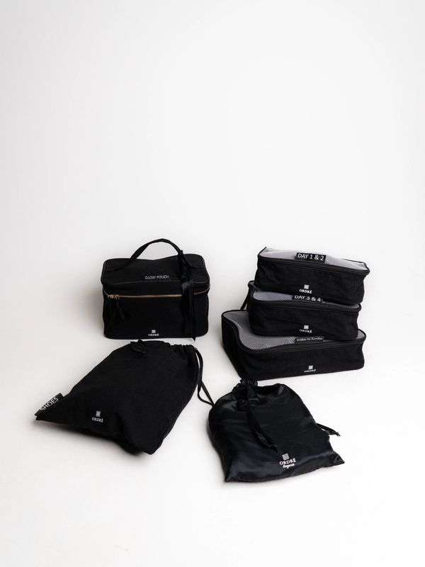Set of black travel organizers and pouches arranged on white background.