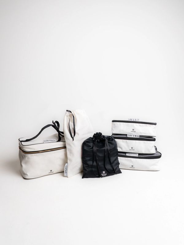 Organized travel pouches in black and white for efficient packing.