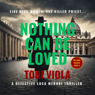 Audiobook cover: A priest wearing a fedora hat is walkign towards St. Peter's Basilica, Vatican City
