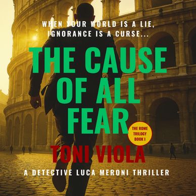 Audiobook cover showing Italian detective Luca Meroni running towards the Colosseum, Rome, Italy.