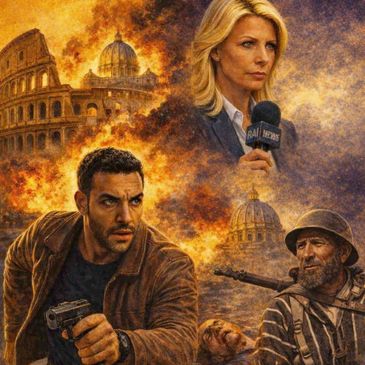 Dramatic scene with man, reporter, and soldier amid ancient buildings and fire.
