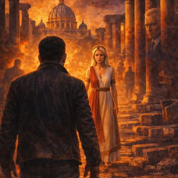 A man and woman face each other in an ancient, fiery city.