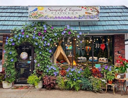 Cozy storefront with lush foliage and camping-themed decor.