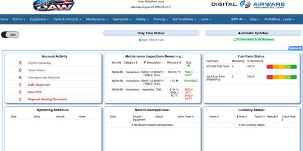 Digital dashboard for aircraft maintenance and operations.