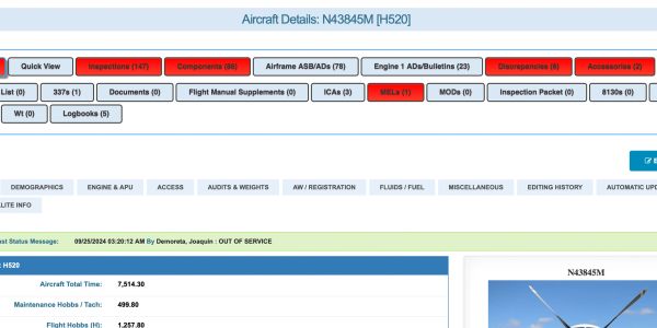 Aircraft details page showing maintenance and inspection records.