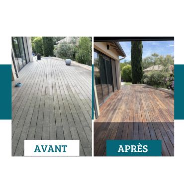 Terrasse en bois avant et après nettoyage.