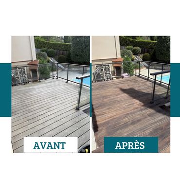 Comparaison avant-après du bois d'une terrasse nettoyée.