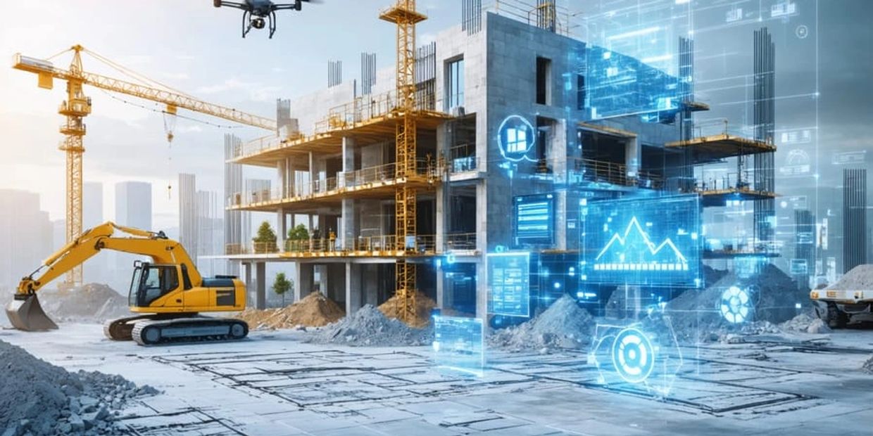 Construction site with modern machinery and digital overlays showing data and analytics.