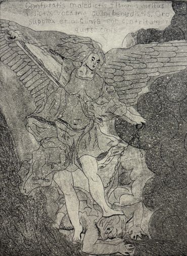 Sketch of an angel defeating a demon with Latin text above.