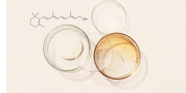 Three glass dishes with liquids and a chemical structure illustration.