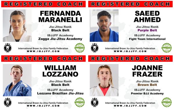 Four registered Jiu-Jitsu coaches with different ranks and academies.