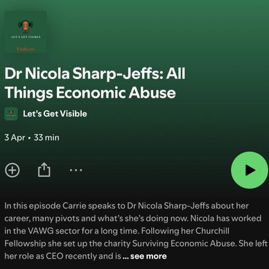 Podcast episode featuring Dr Nicola Sharp-Jeffs on economic abuse and her career.