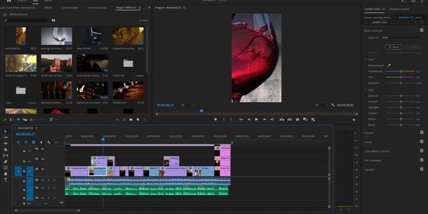 Video editing software interface showing timeline and preview of a wine glass shot.
