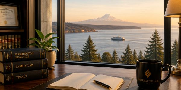 Cozy law office desk with mountain and lake view at sunset.
