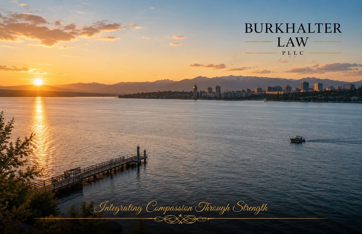 Sunset over Lake Washington and the Bellevue skyline, reflecting the calm, steady guidance Burkhalte