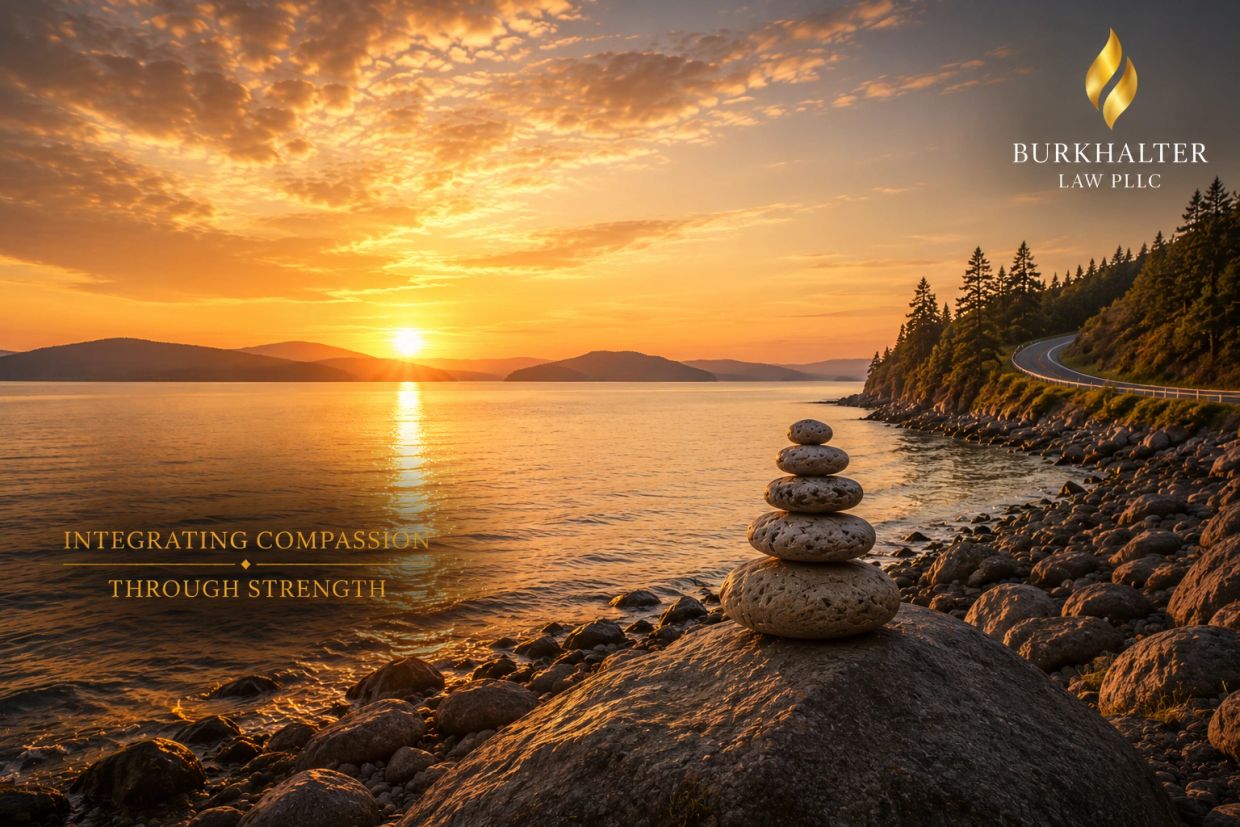 Golden-hour Puget Sound shoreline symbolizing balance, fairness, and hope during life's transitions.