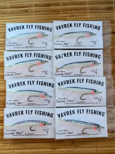 Packets of Vavrek Fly Fishing flies labeled Floating Skeet Size 4.
