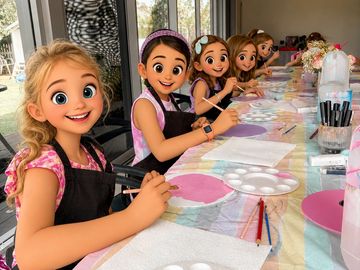 Young girls enjoying a painting activity together.