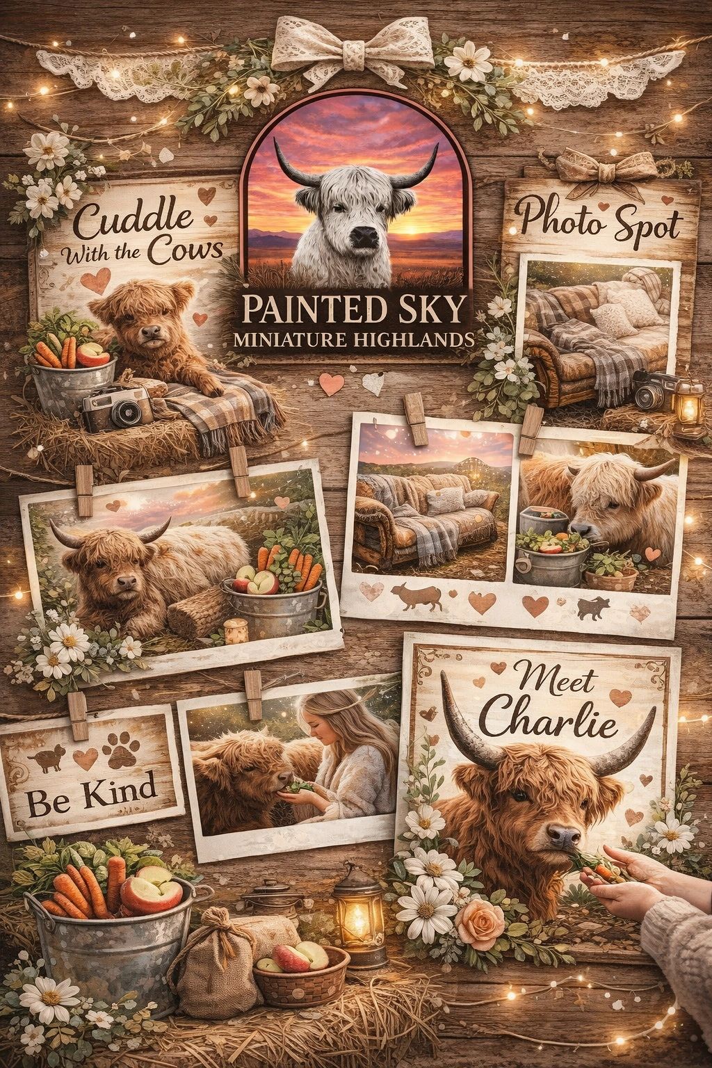 Rustic collage featuring Highland cows, cozy scenes, and nature-themed decorations.