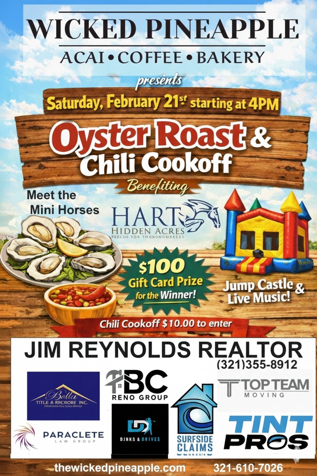 WICKED at PINEAPPLE oyster roast and chili cookoff
$10.00 entry fee for Chili Cookoff $100.00 gift 