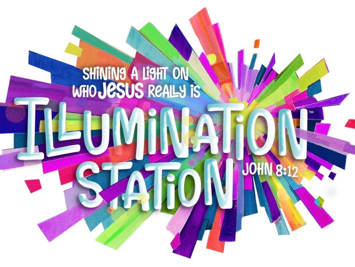 Colorful graphic with "Illumination Station" and a Bible verse reference John 8:12.