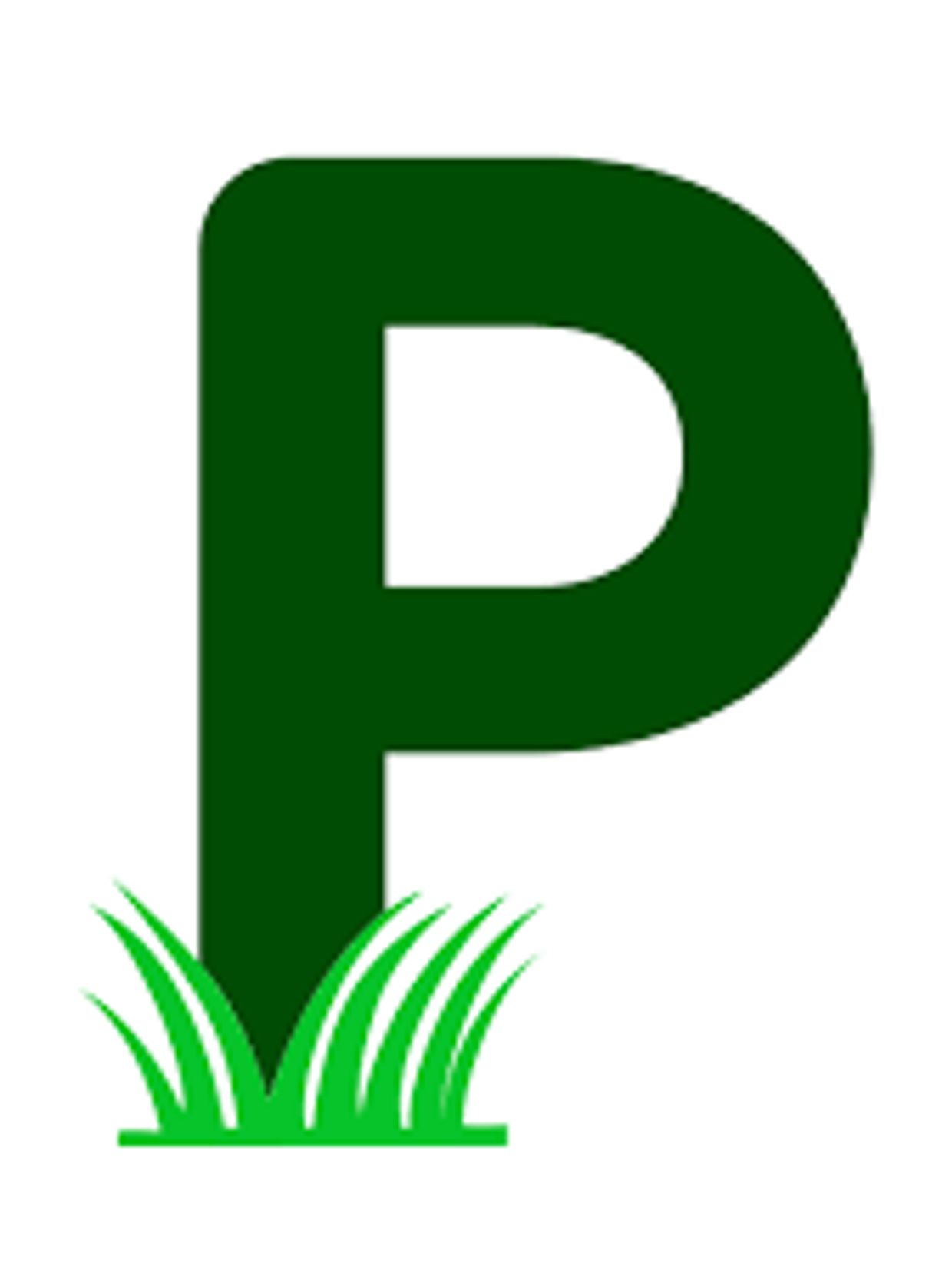 Large green letter P with grass at its base on white background.