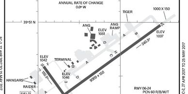 Airport diagram showing runways, taxiways, and terminal layout.