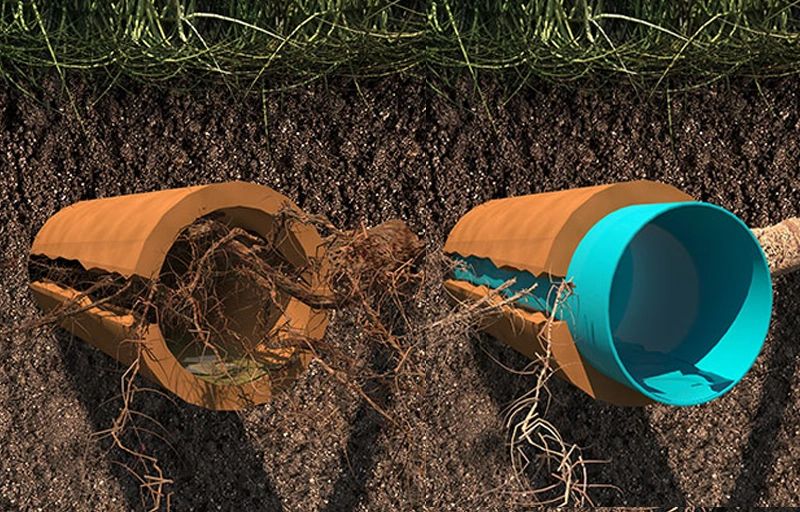 Comparison of clogged and clean drainage pipes underground.