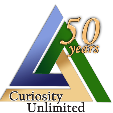 Logo celebrating 50 years of curiosity with a triangle design.