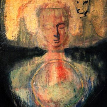 Abstract painting of a human figure with a circular element.