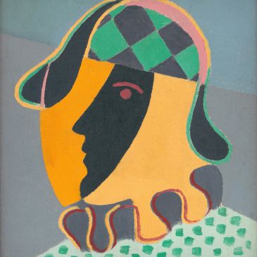Abstract portrait with colorful shapes and patterns.