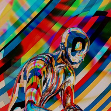 Colorful transparent humanoid figure with striped background.