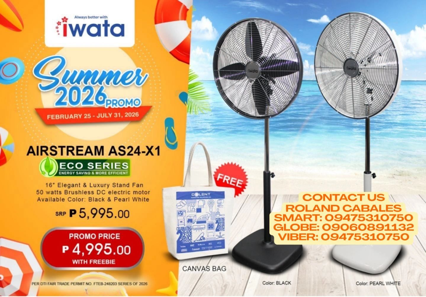 Iwata Airstream AS24-X1 stand fans on summer promo with free canvas bag.