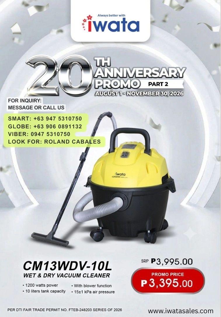 Iwata 20th Anniversary Promo: Wet & Dry Vacuum Cleaner at a discounted price.