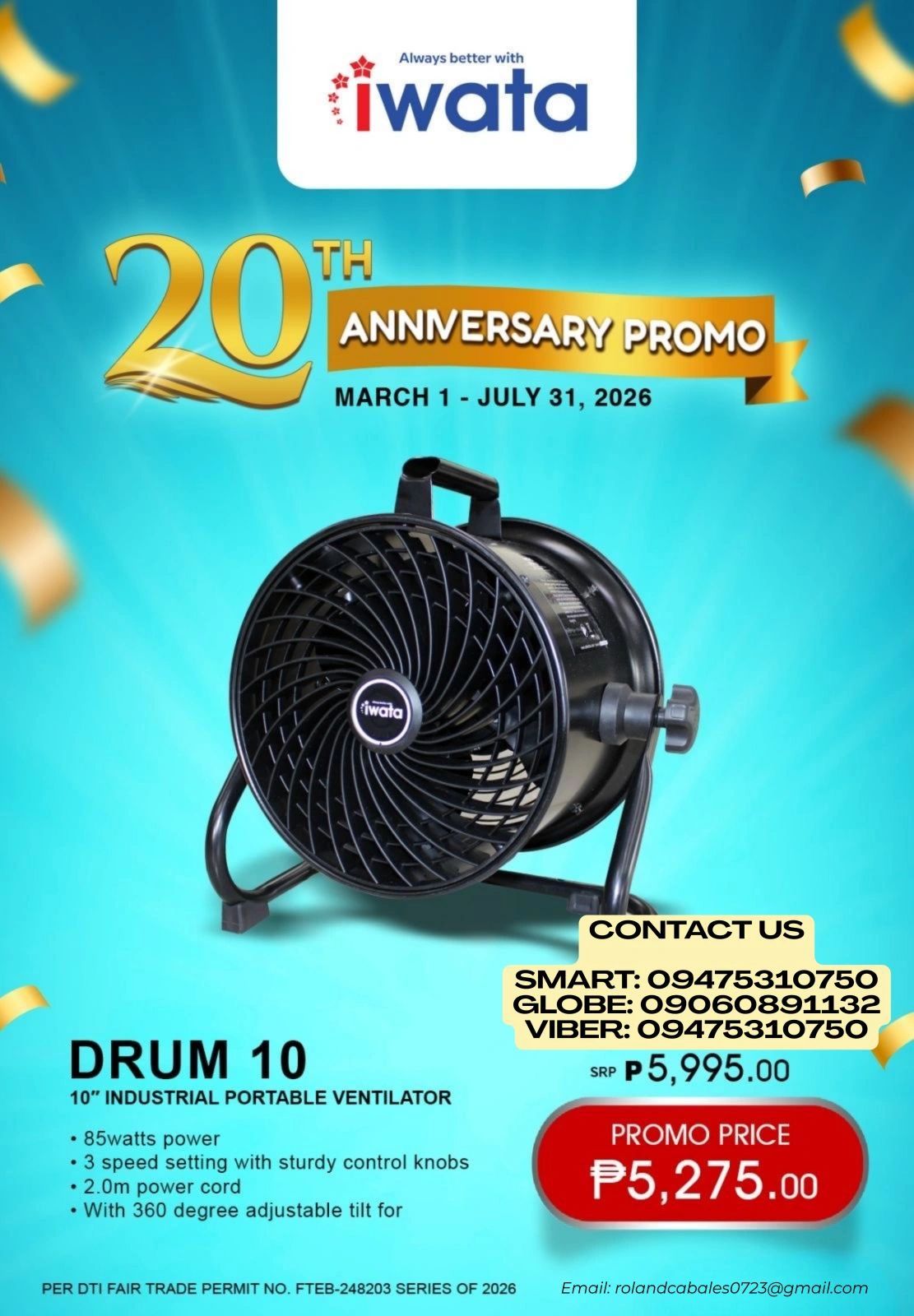 Iwata's 20th Anniversary Promo: Drum 10 industrial portable ventilator at a discounted price.